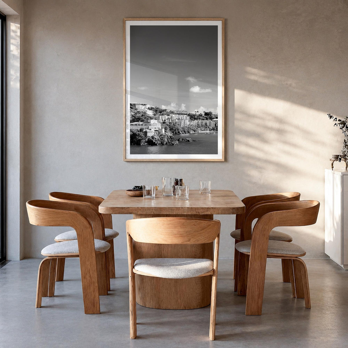 Saint Thomas black & white photo poster of United States Virgin Islands – vertical wall art in natural wood frame with white