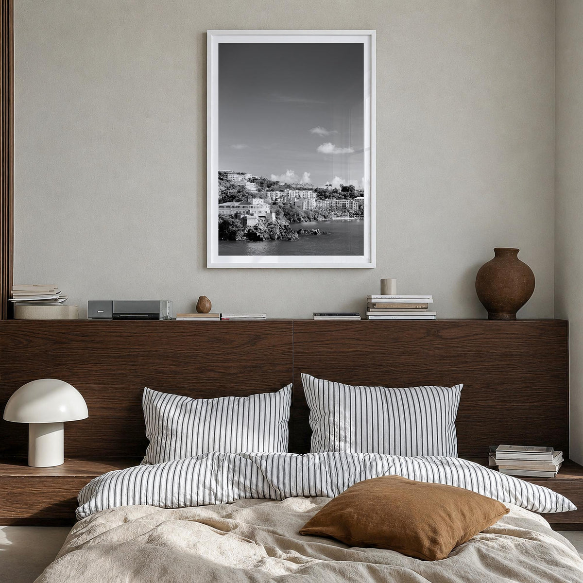 Saint Thomas black & white photo poster of United States Virgin Islands – vertical wall art in white wood frame with white bo