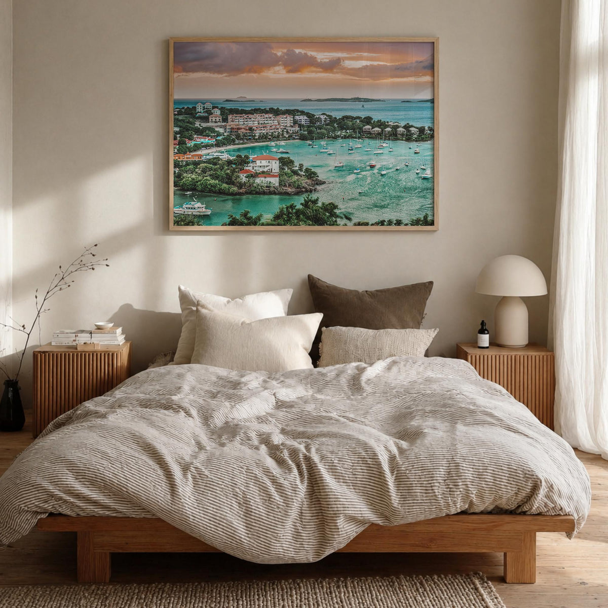Saint Thomas colorful photo poster of United States Virgin Islands – horizontal wall art in natural wood frame, hanging on wa