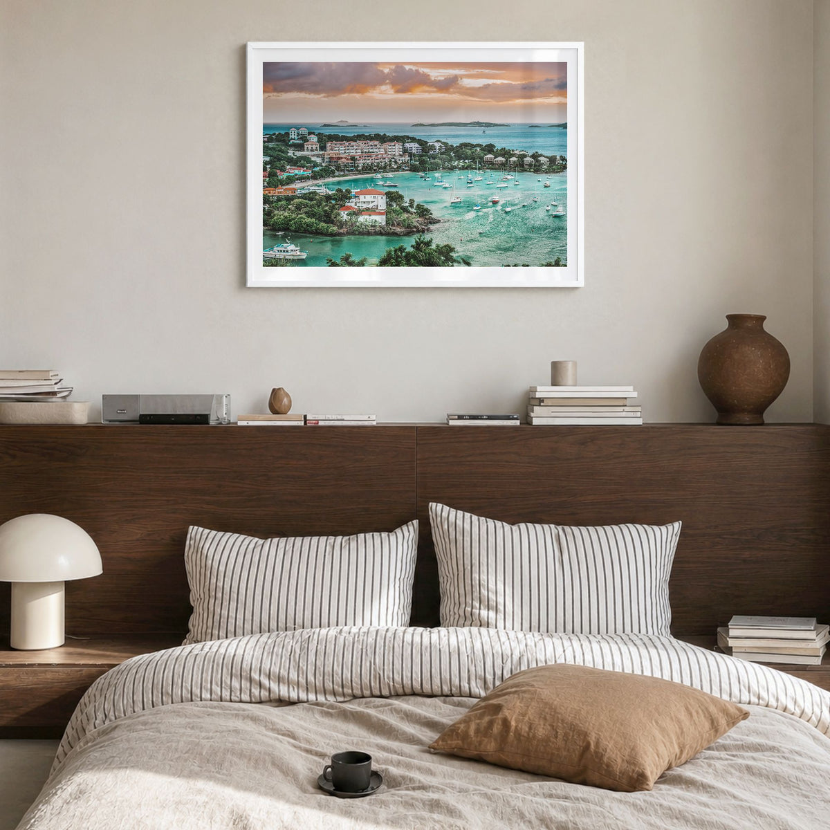 Saint Thomas Photo Poster in a white wood frame, hanging in a bedroom, white border