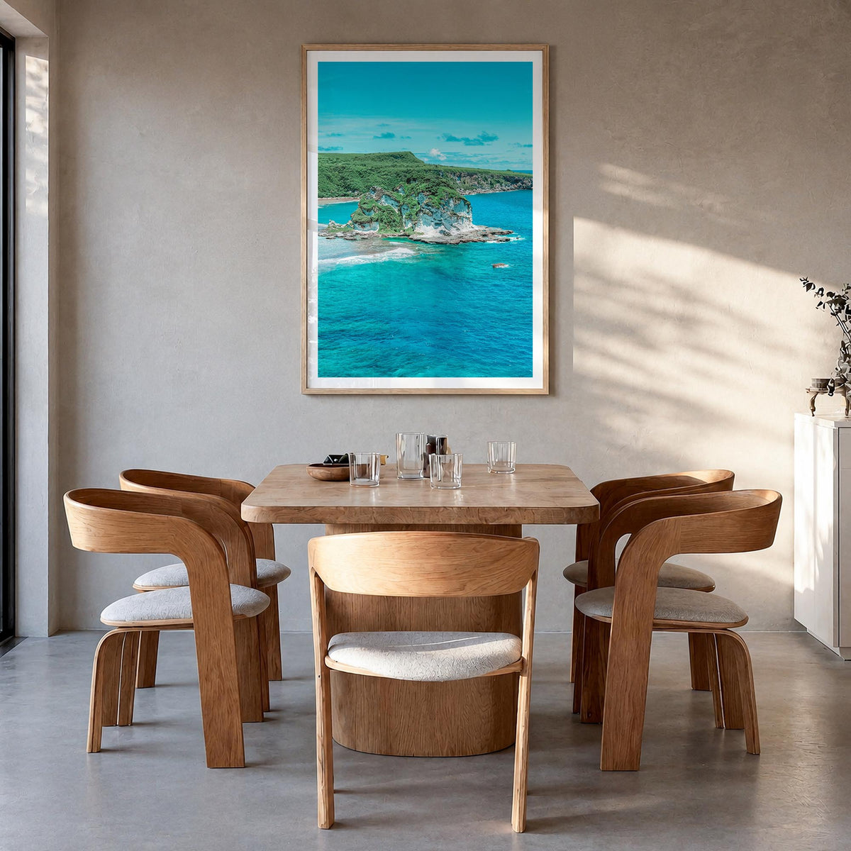 Saipan colorful photo poster of Northern Mariana Islands – vertical wall art in natural wood frame with white border, hanging