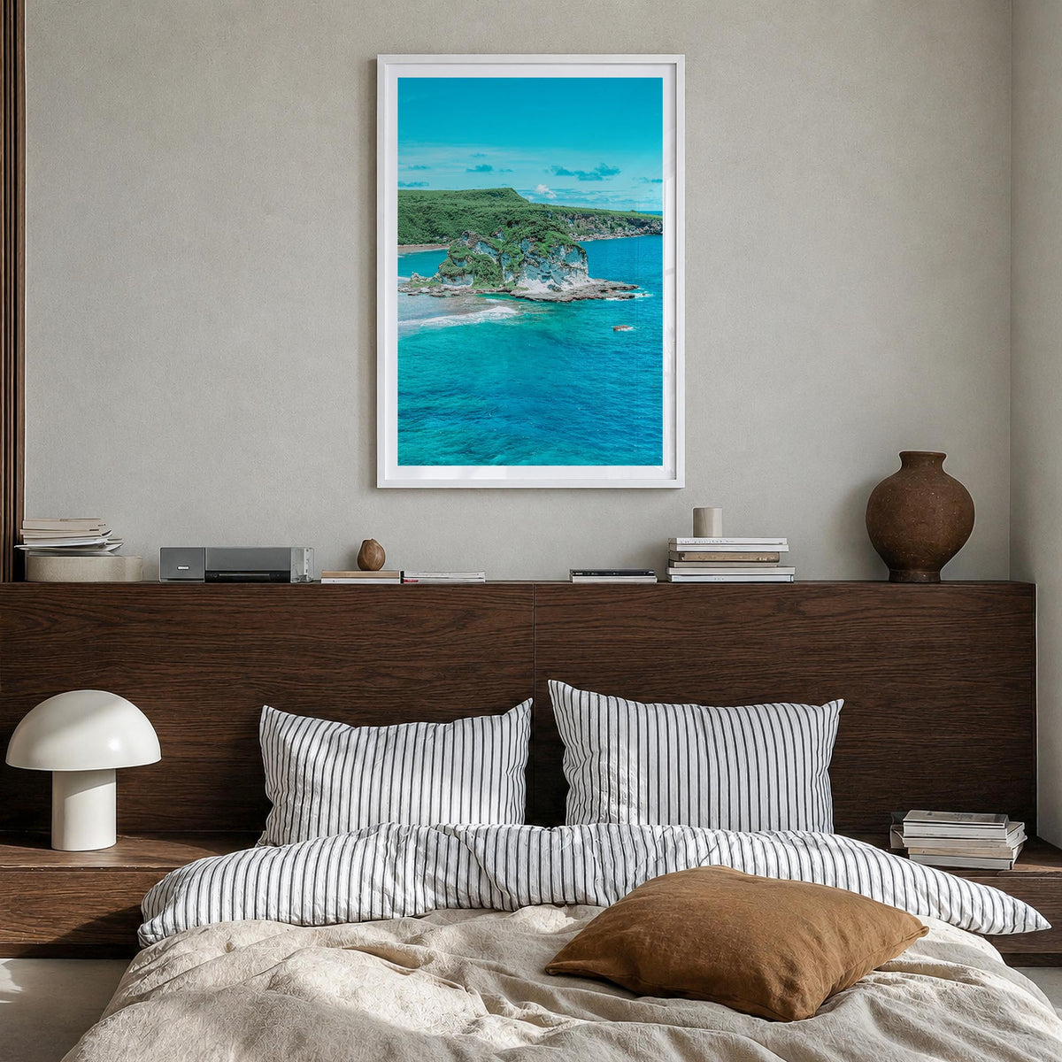 Saipan colorful photo poster of Northern Mariana Islands – vertical wall art in white wood frame with white border, hanging o