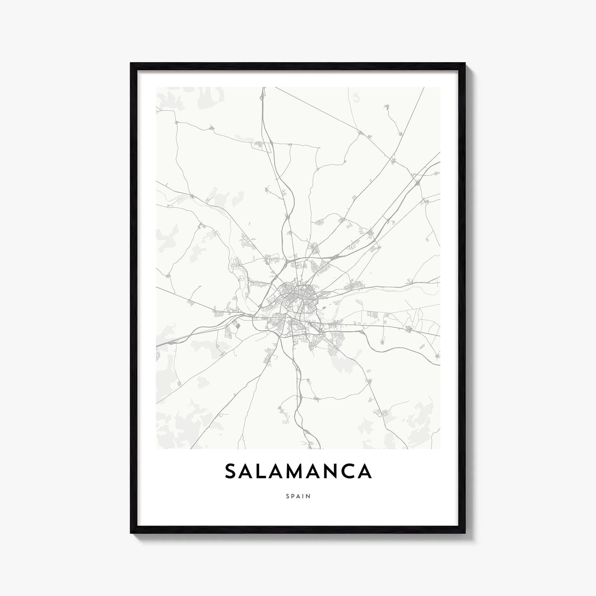Salamanca black & white map poster of Spain – vertical wall art, unframed print shown in interior mockup