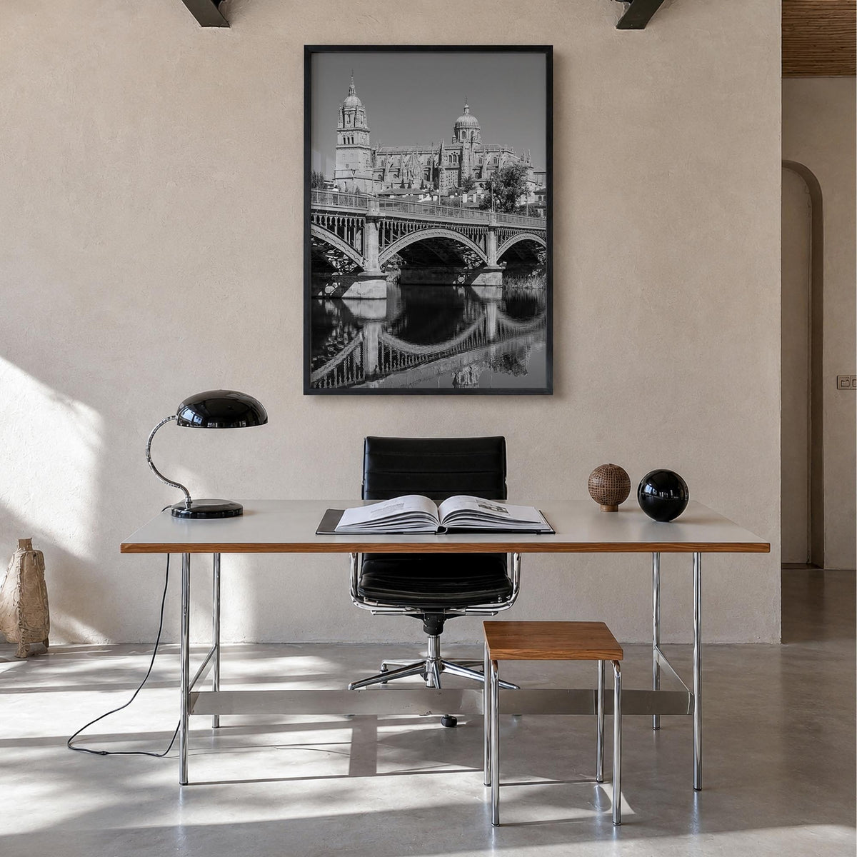 Salamanca black & white photo poster of Spain – vertical wall art in black wood frame, hanging on wall