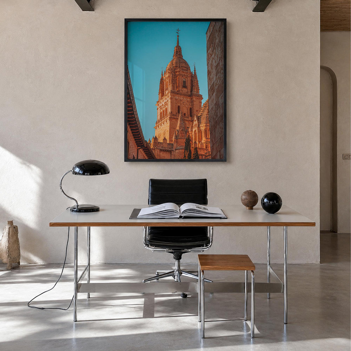Salamanca colorful photo poster of Spain – vertical wall art in black wood frame, hanging on wall