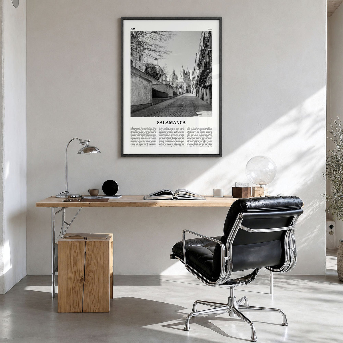 Salamanca Newspaper Poster in a black wood frame, hanging in a bright home office