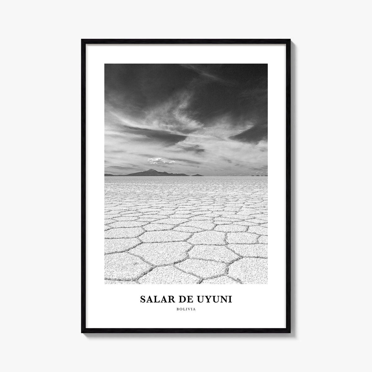 Salar de Uyuni black & white classic poster of Bolivia – vertical wall art, unframed print shown in interior mockup