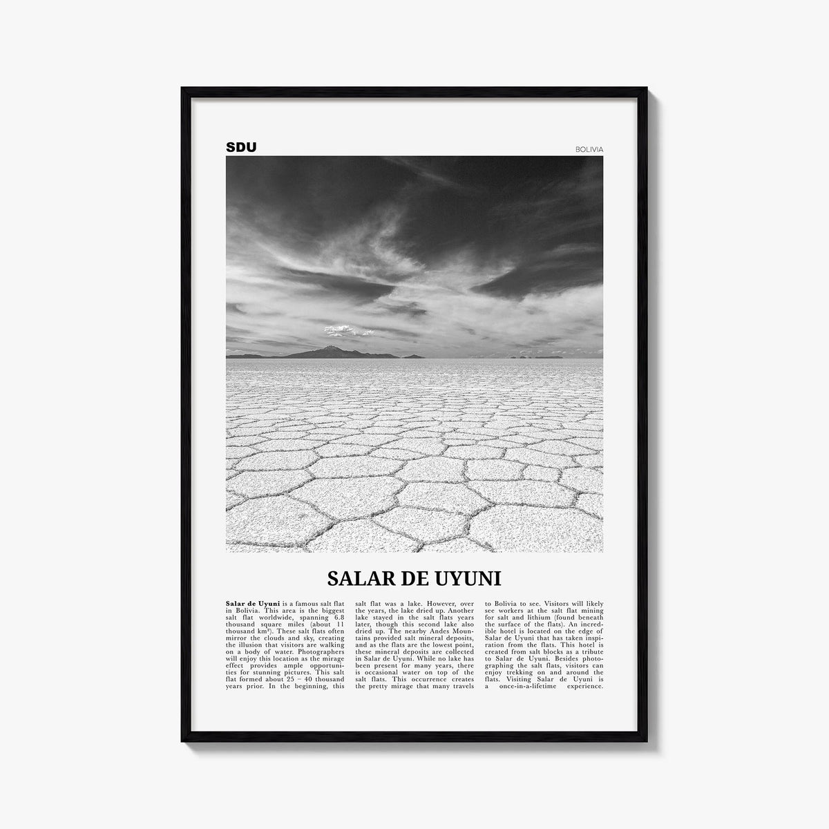 Salar de Uyuni black & white newspaper poster of Bolivia – vertical wall art, unframed print shown in interior mockup