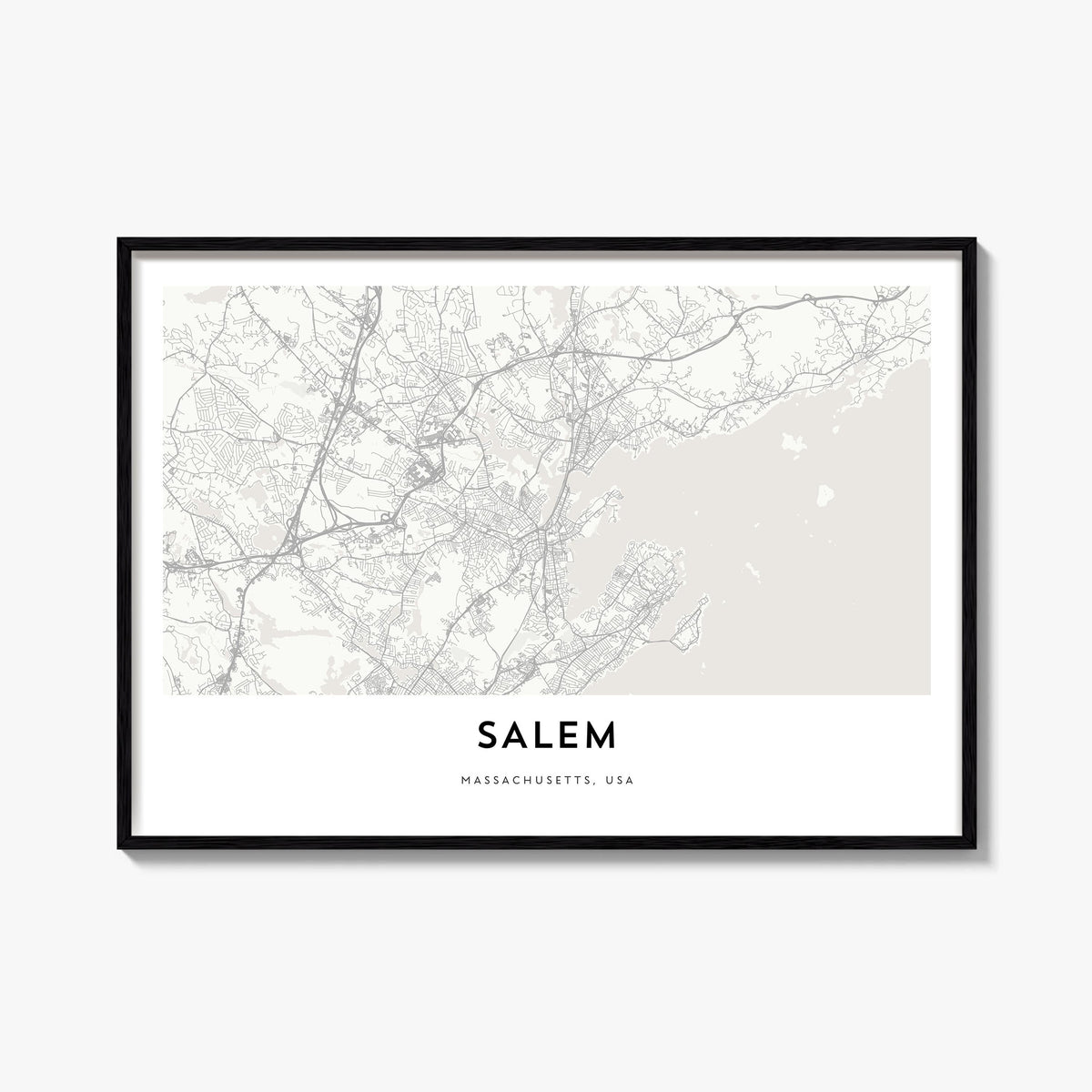 Salem, Massachusetts black & white map poster of Massachusetts, USA – horizontal wall art, unframed print shown in interior m