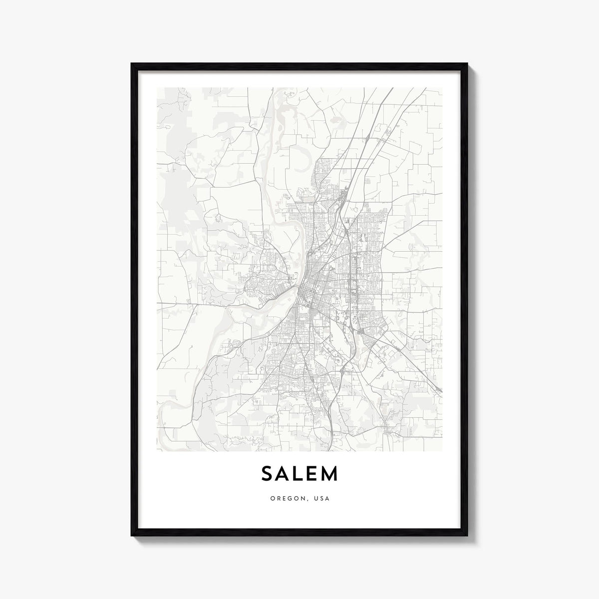 Salem, Oregon black & white map poster of Oregon, USA – vertical wall art, unframed print shown in interior mockup