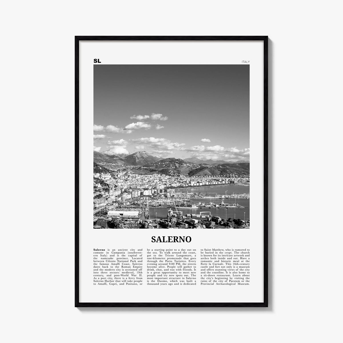Salerno black & white newspaper poster of Italy – vertical wall art, unframed print shown in interior mockup