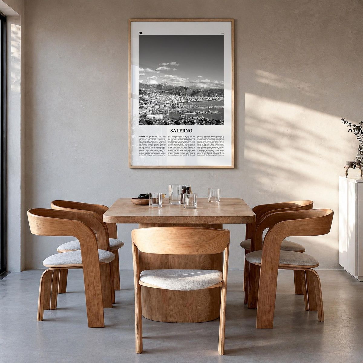 Salerno black & white newspaper poster of Italy – vertical wall art in natural wood frame, hanging on wall