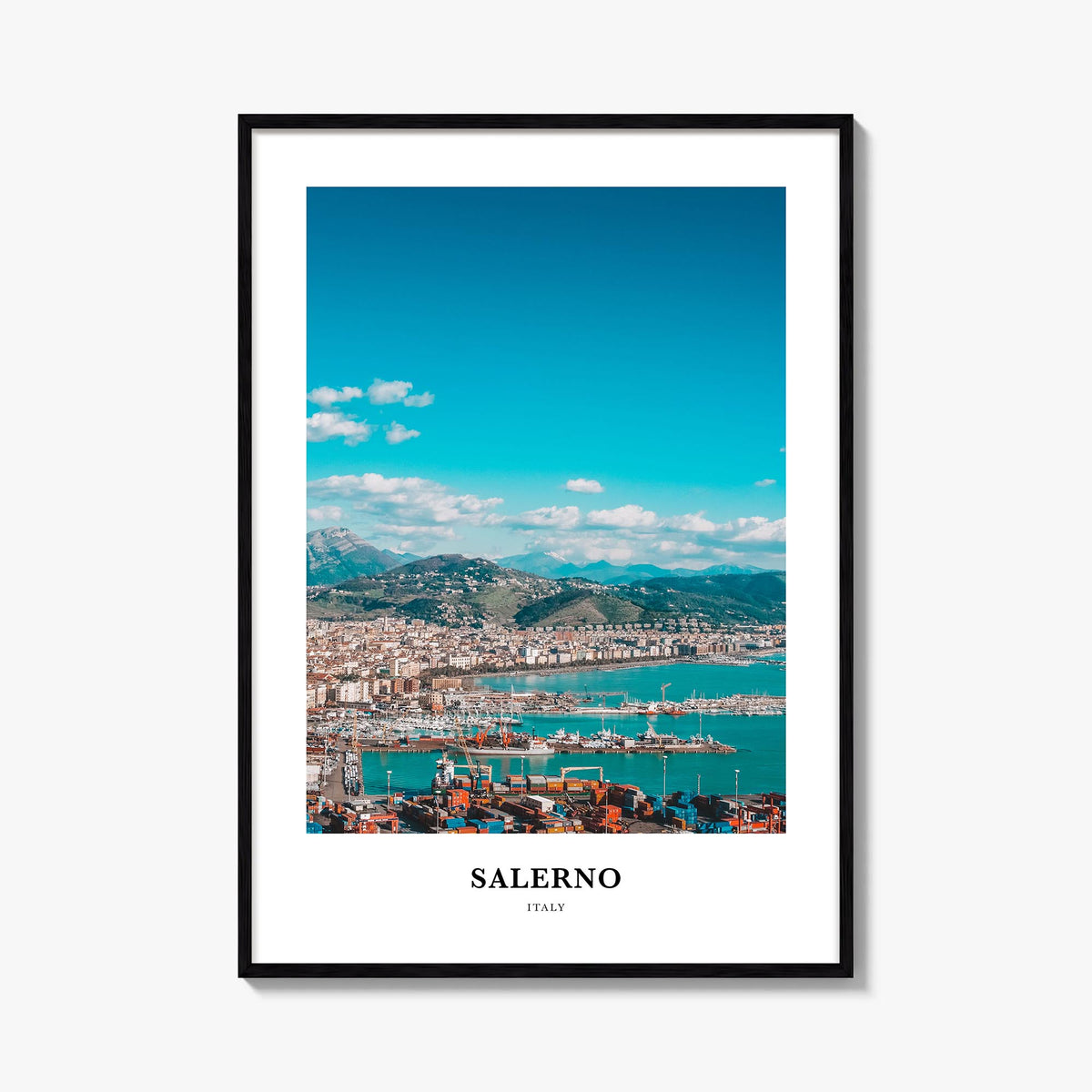 Salerno colorful classic poster of Italy – vertical wall art, unframed print shown in interior mockup