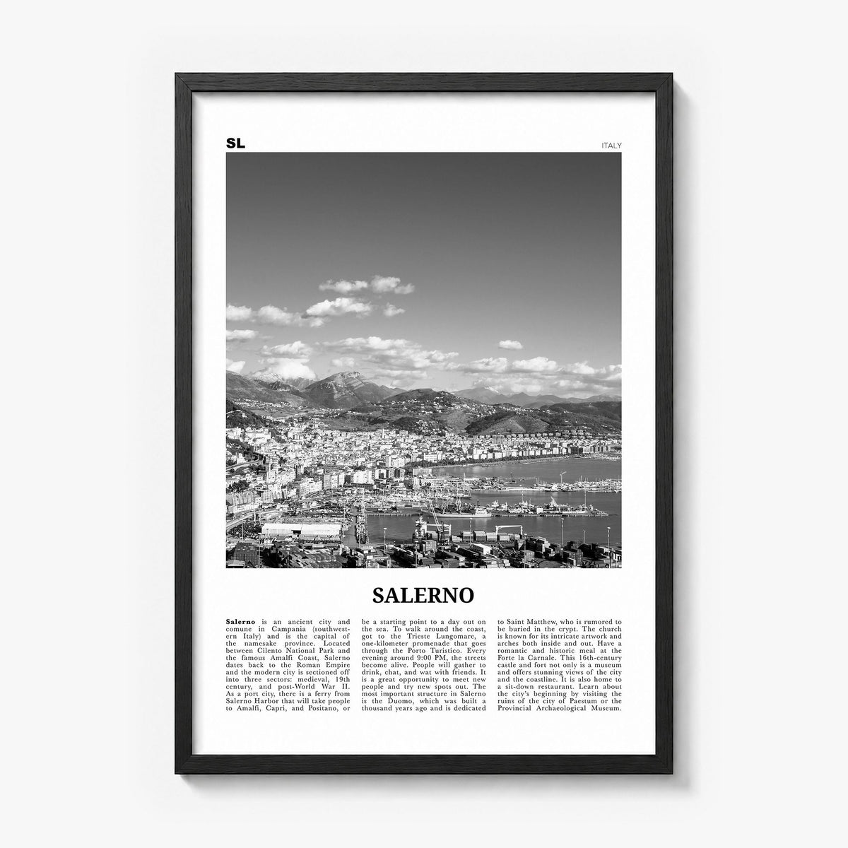 Salerno Newspaper Poster in a black wood frame