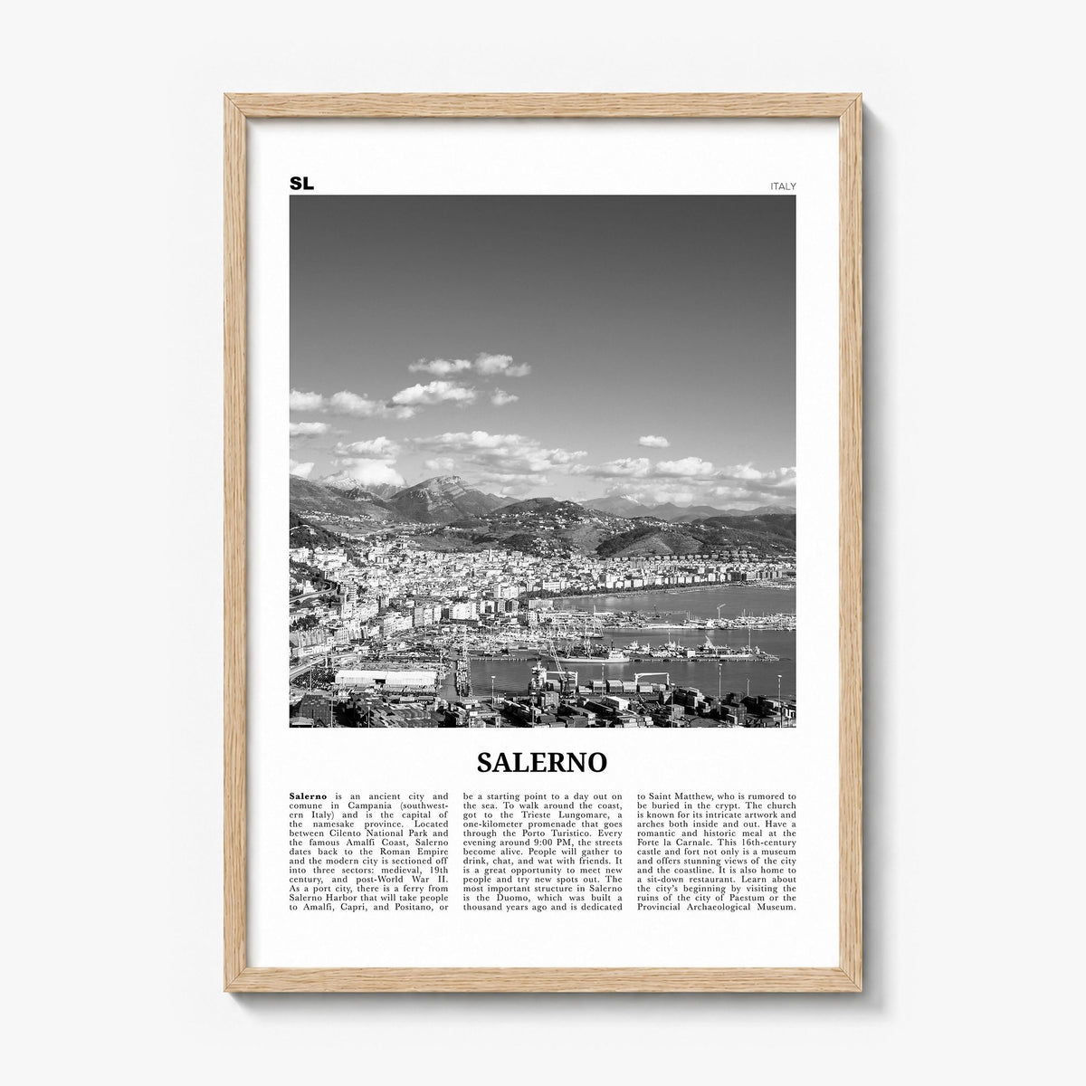 Salerno Newspaper Poster in a natural wood frame