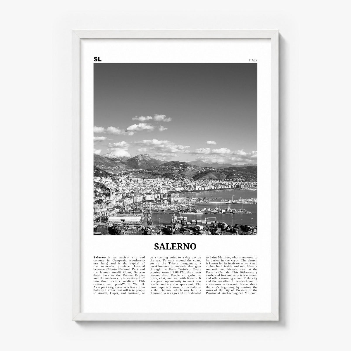Salerno Newspaper Poster in a white wood frame