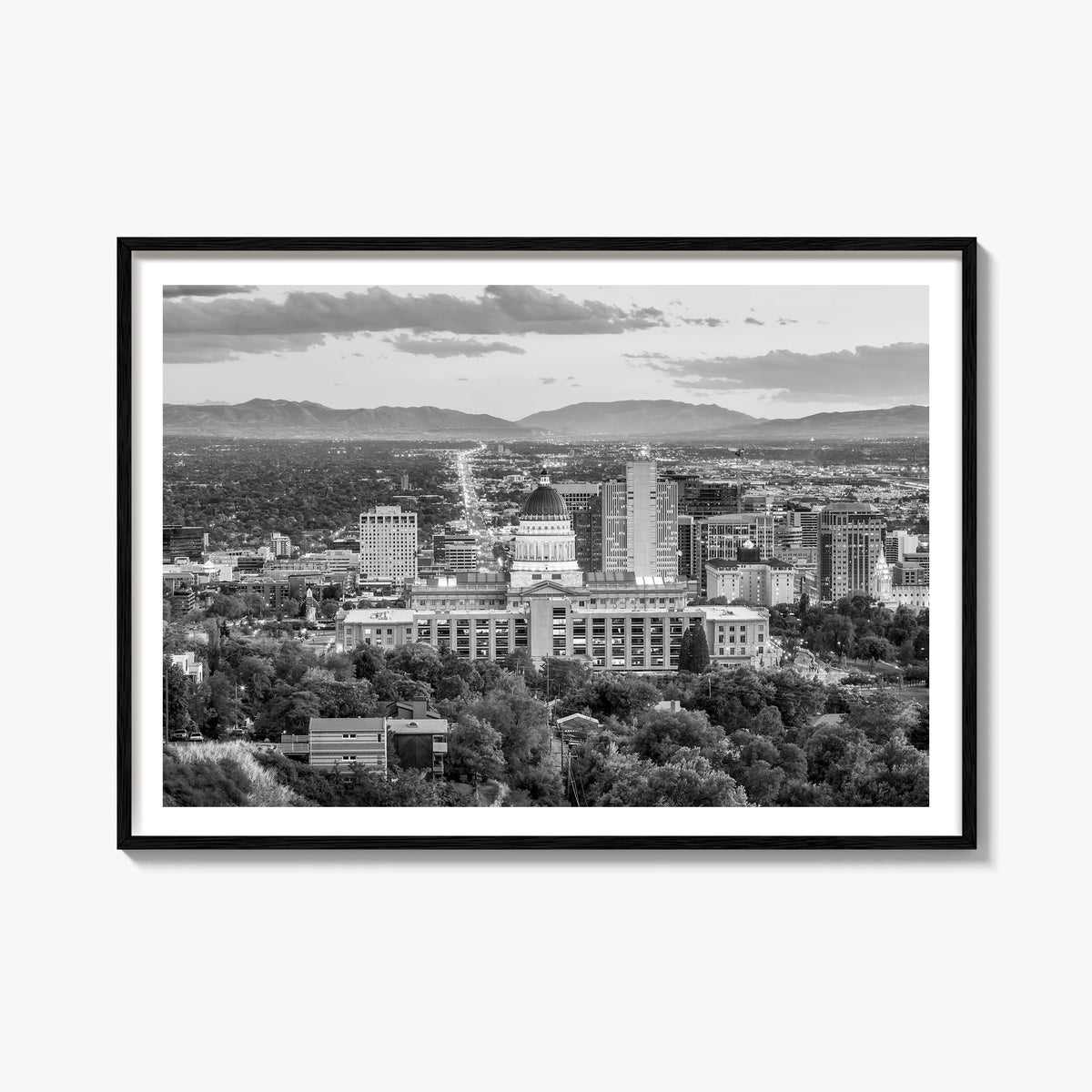 Salt Lake City black & white photo poster of Utah, USA – horizontal wall art, unframed print shown in interior mockup