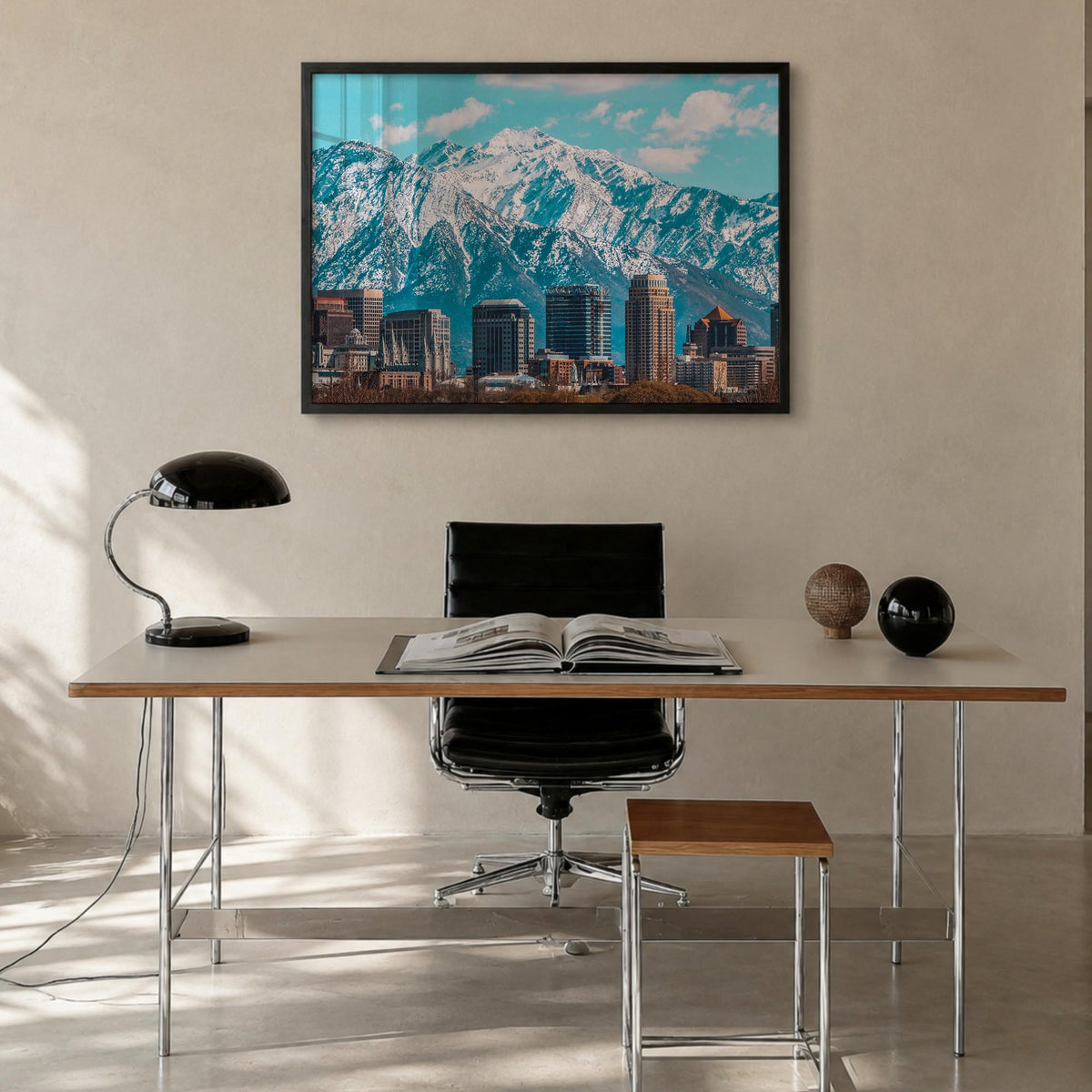 Salt Lake City colorful photo poster of Utah, USA – horizontal wall art in black wood frame, hanging on wall