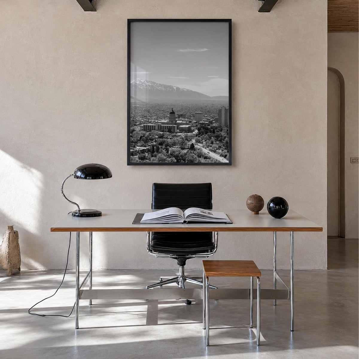 Salt Lake City no. 1 black & white photo poster of Utah, USA – vertical wall art in black wood frame, hanging on wall