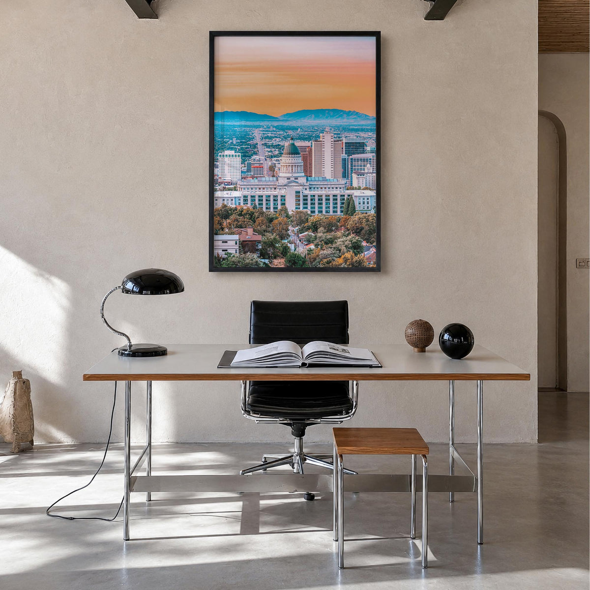 Salt Lake City no. 1 colorful photo poster of Utah, USA – vertical wall art in black wood frame, hanging on wall