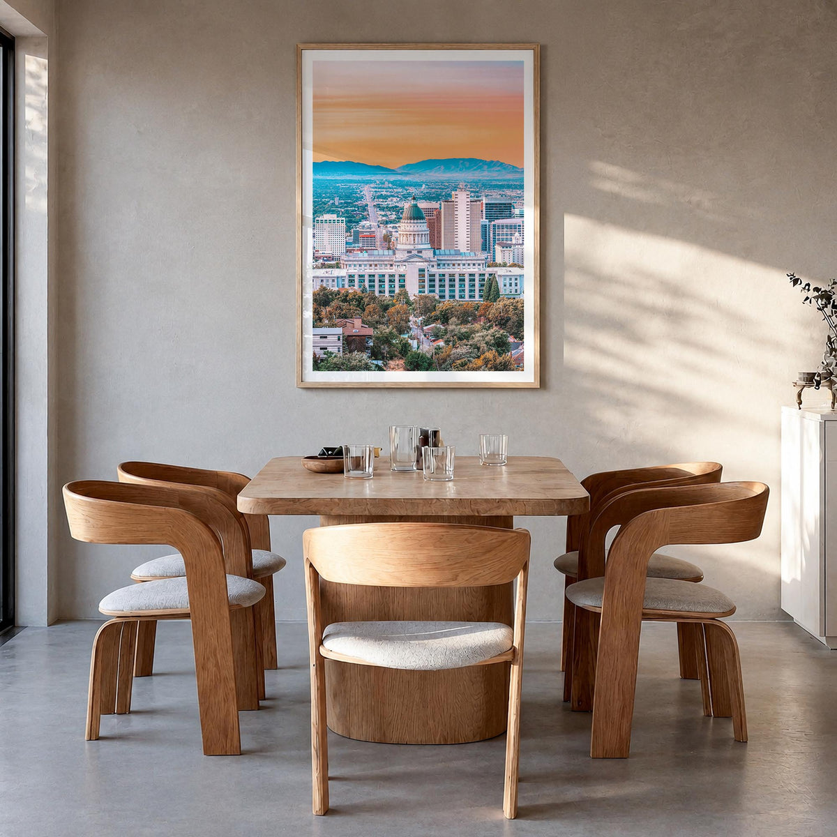 Salt Lake City no. 1 colorful photo poster of Utah, USA – vertical wall art in natural wood frame with white border, hanging
