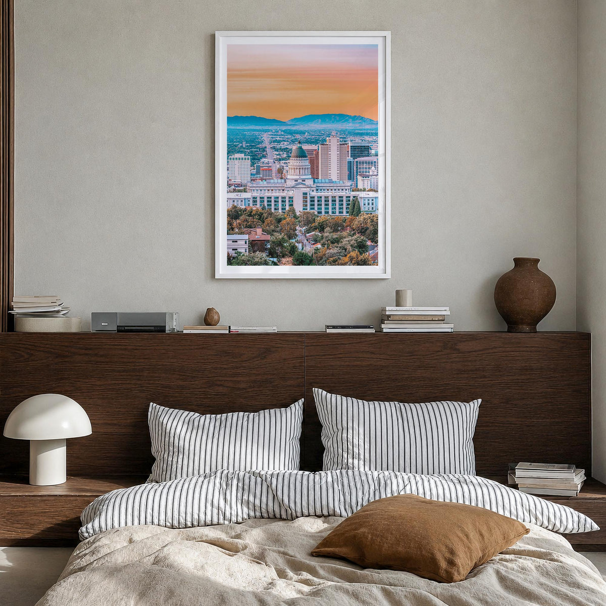 Salt Lake City no. 1 colorful photo poster of Utah, USA – vertical wall art in white wood frame with white border, hanging on