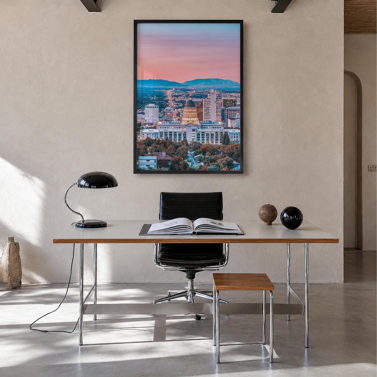 Salt Lake City no. 2 colorful photo poster of Utah, USA – vertical wall art in black wood frame, hanging on wall