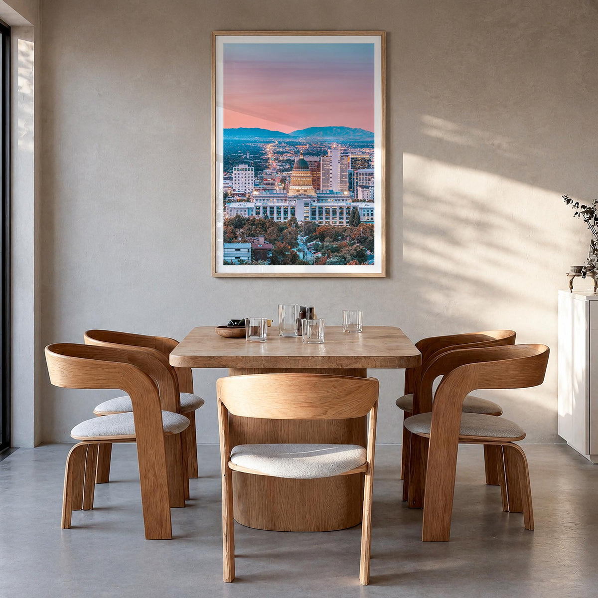 Salt Lake City no. 2 colorful photo poster of Utah, USA – vertical wall art in natural wood frame with white border, hanging