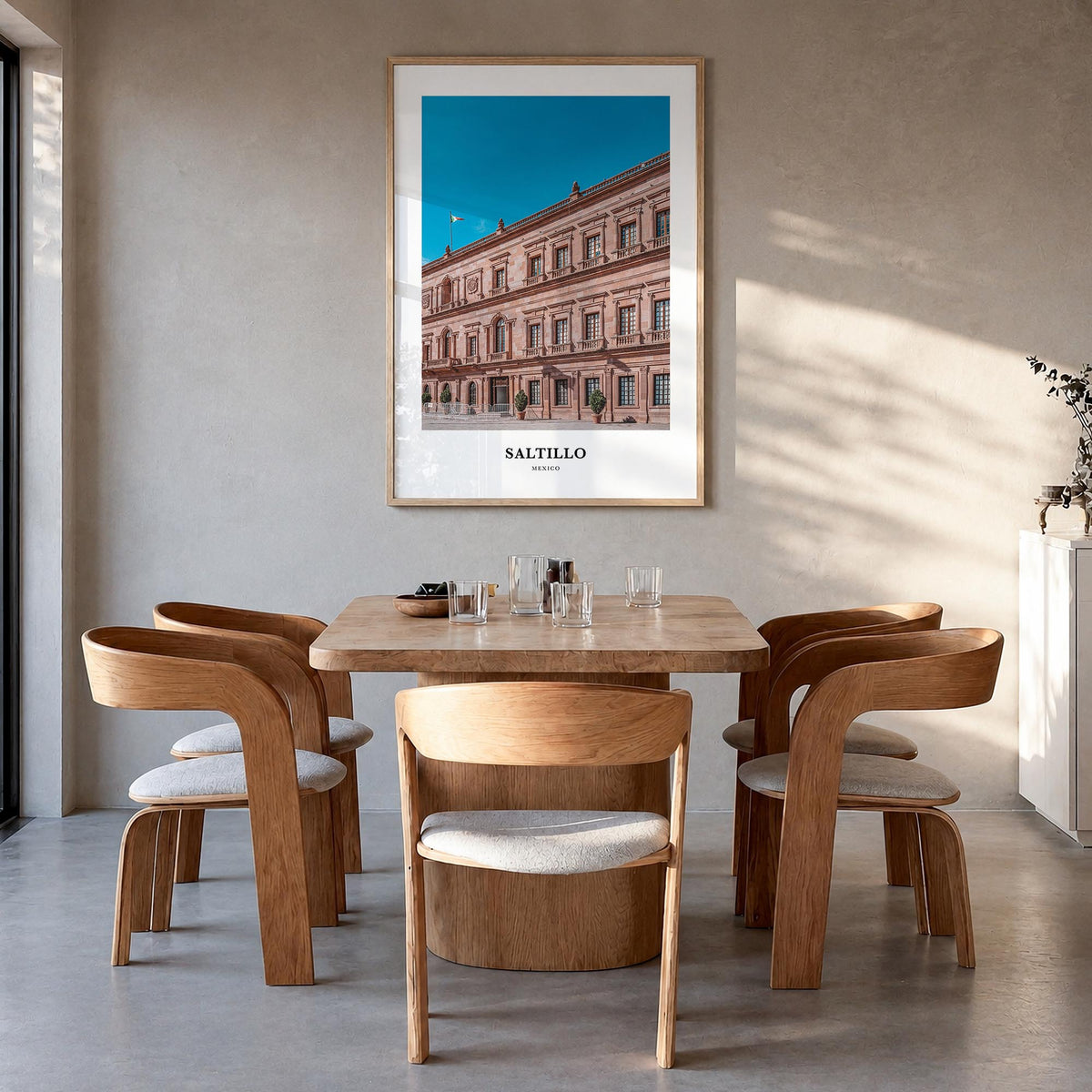 Saltillo colorful classic poster of Mexico – vertical wall art in natural wood frame, hanging on wall