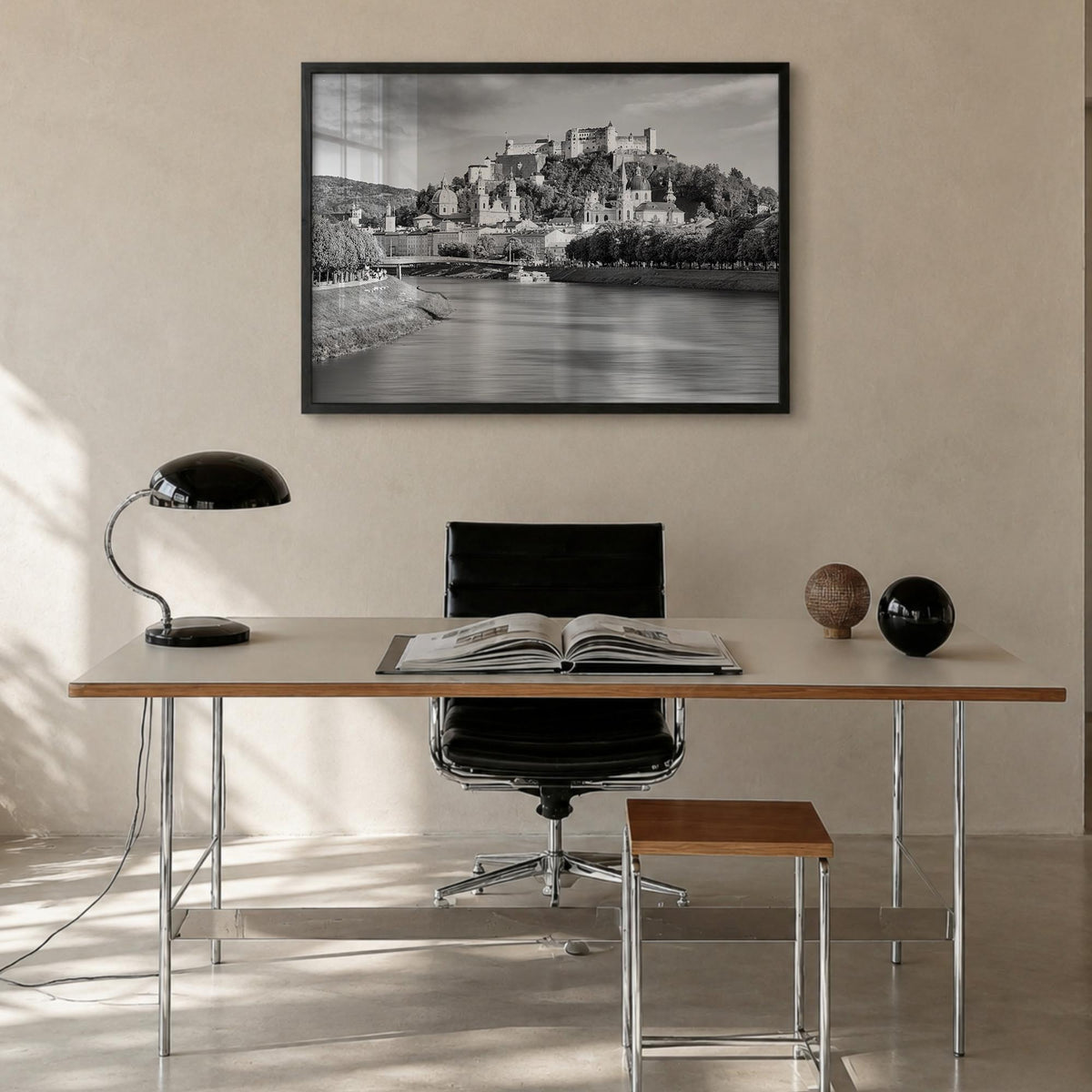 Salzburg black & white photo poster of Austria – horizontal wall art in black wood frame, hanging on wall