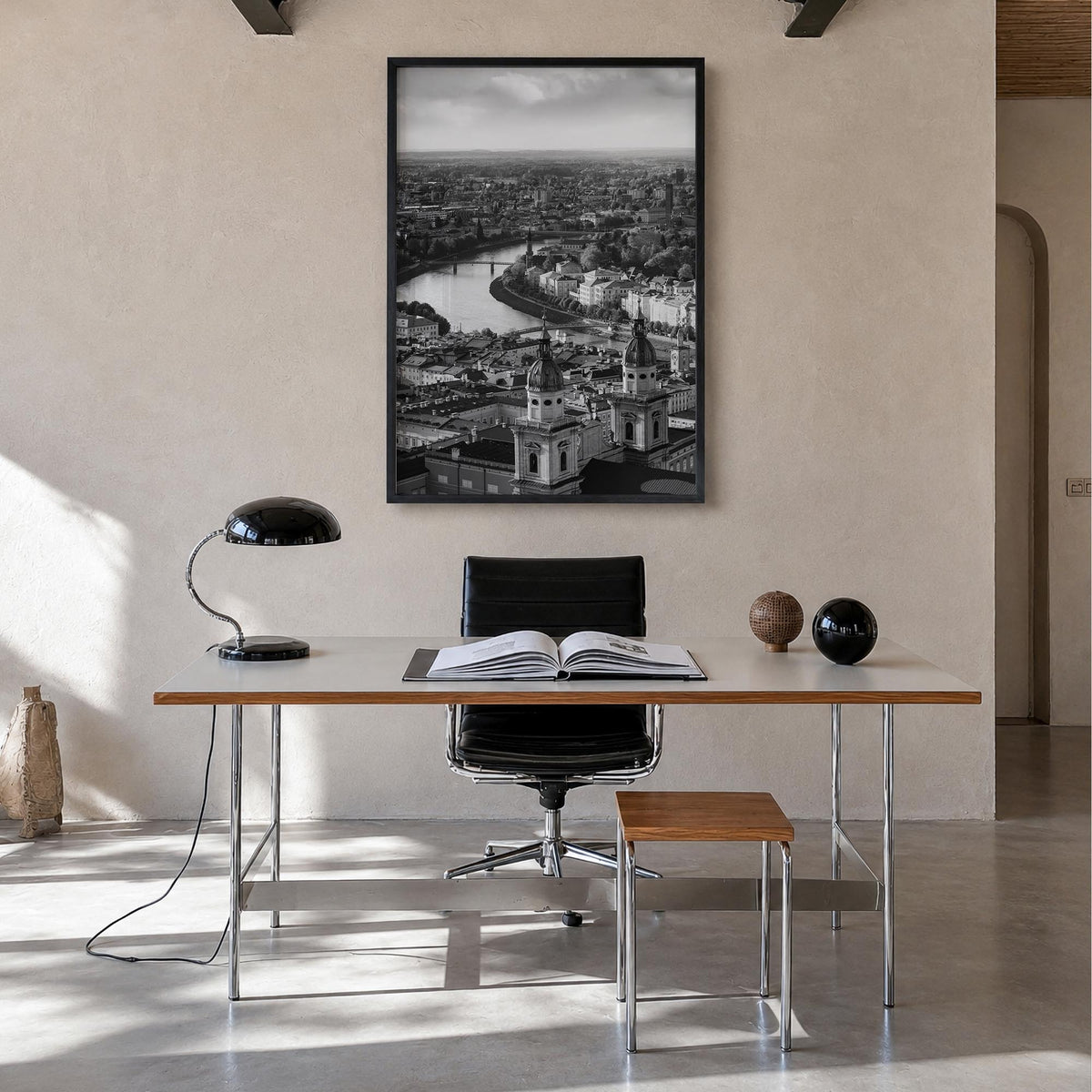 Salzburg black & white photo poster of Austria – vertical wall art in black wood frame, hanging on wall
