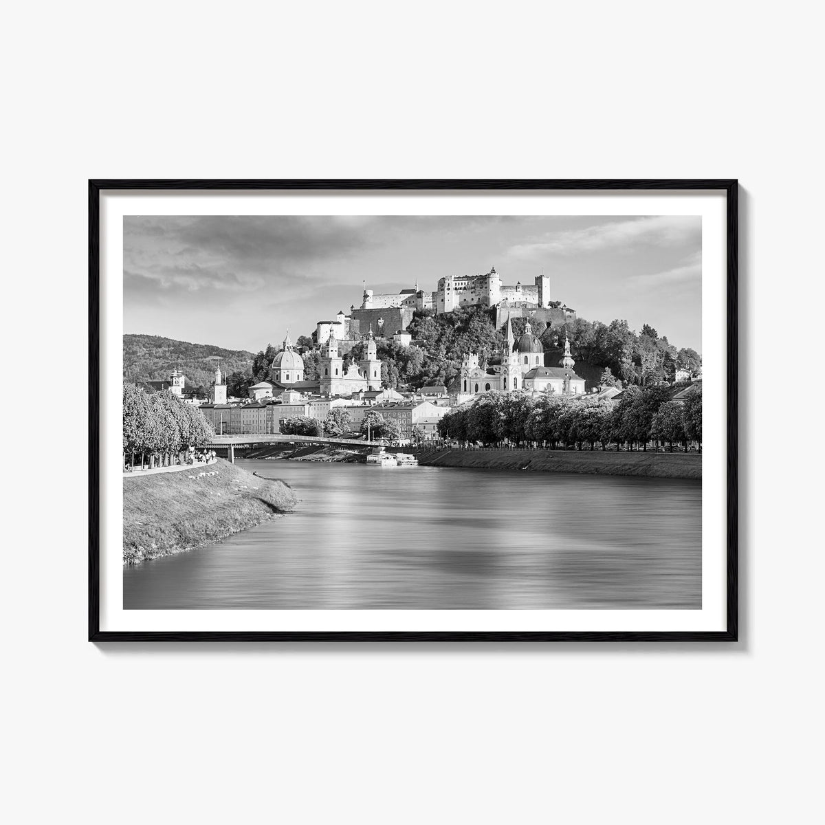 Salzburg black & white photo poster of Austria – horizontal wall art, unframed print shown in interior mockup