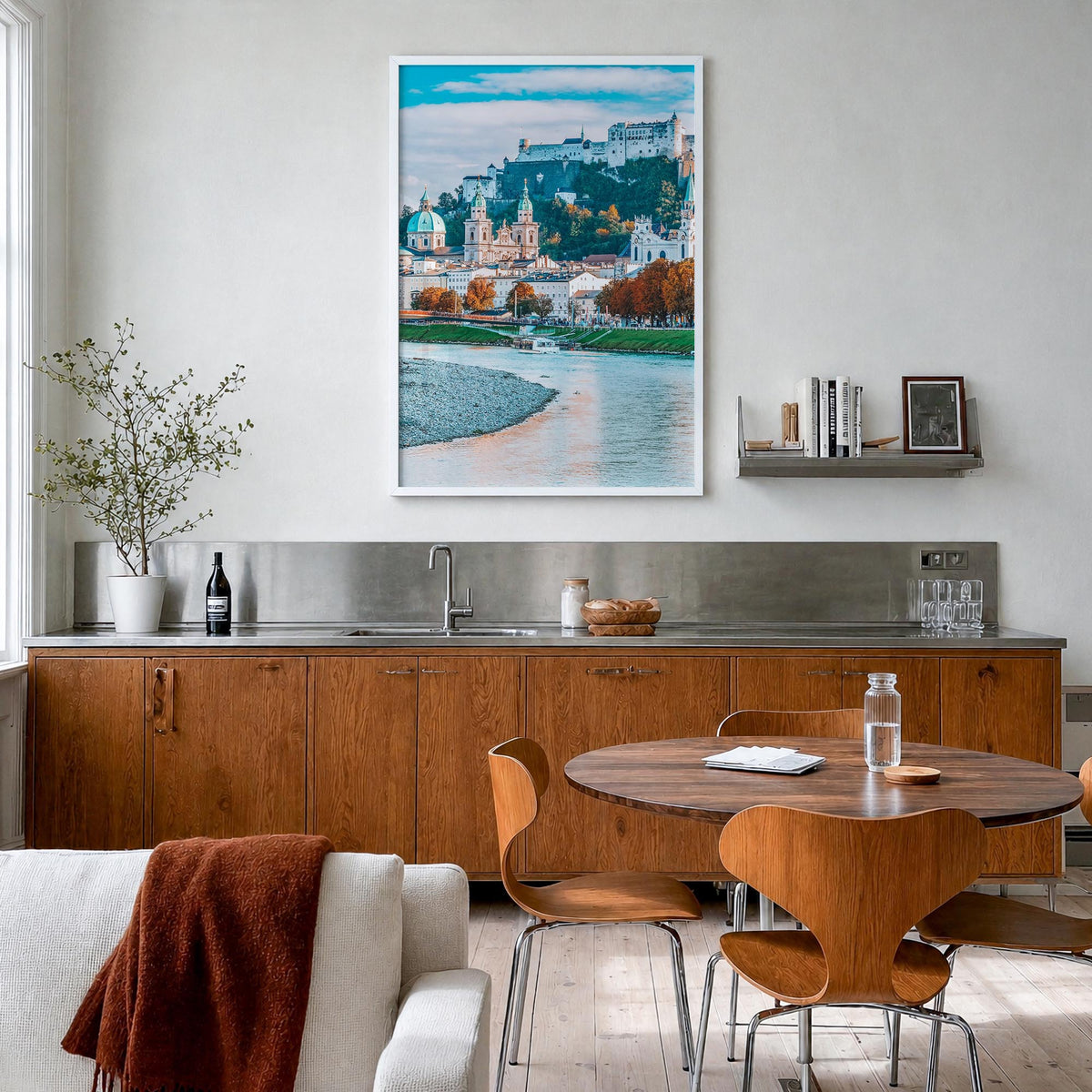 Salzburg no. 1 colorful photo poster of Austria – vertical wall art in white wood frame, hanging on wall