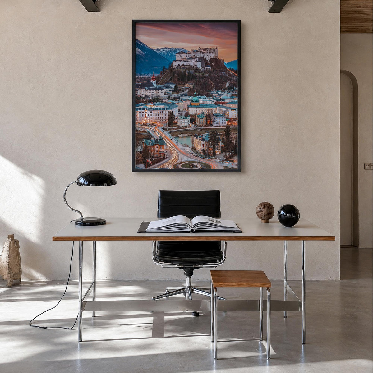 Salzburg no. 2 colorful photo poster of Austria – vertical wall art in black wood frame, hanging on wall