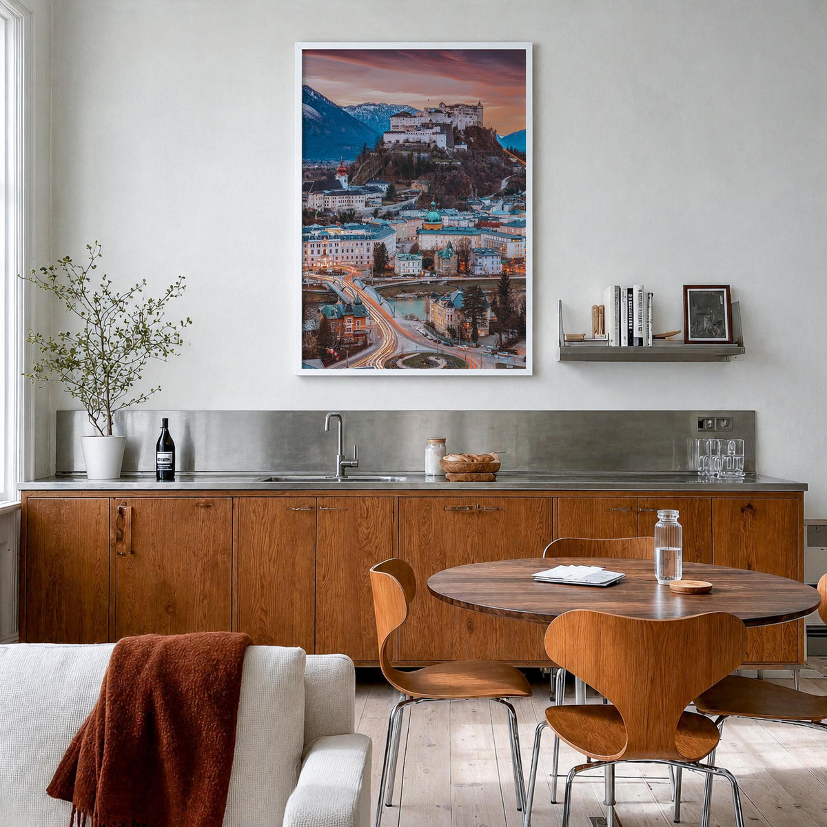 Salzburg no. 2 colorful photo poster of Austria – vertical wall art in white wood frame, hanging on wall