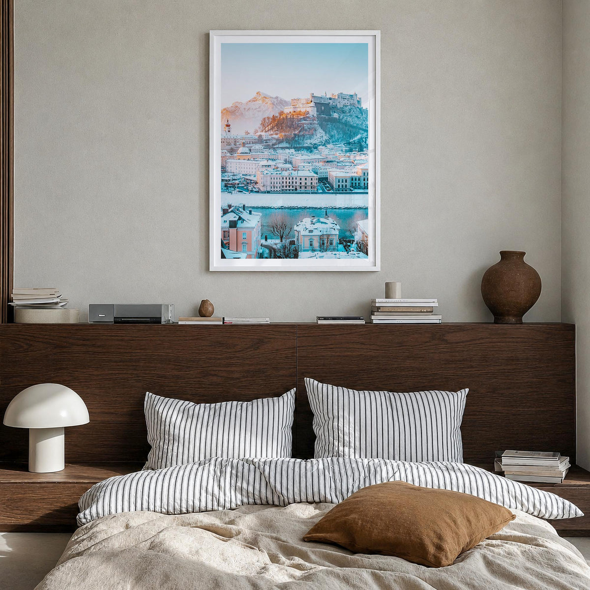 Salzburg no. 3 colorful photo poster of Austria – vertical wall art in white wood frame with white border, hanging on wall