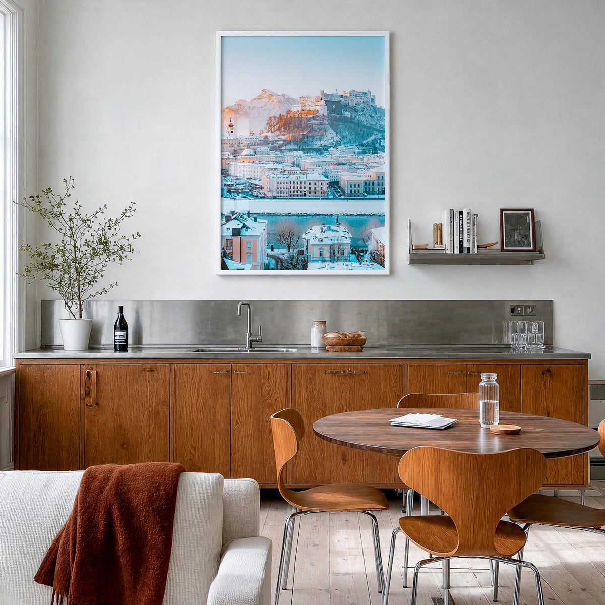 Salzburg no. 3 colorful photo poster of Austria – vertical wall art in white wood frame, hanging on wall