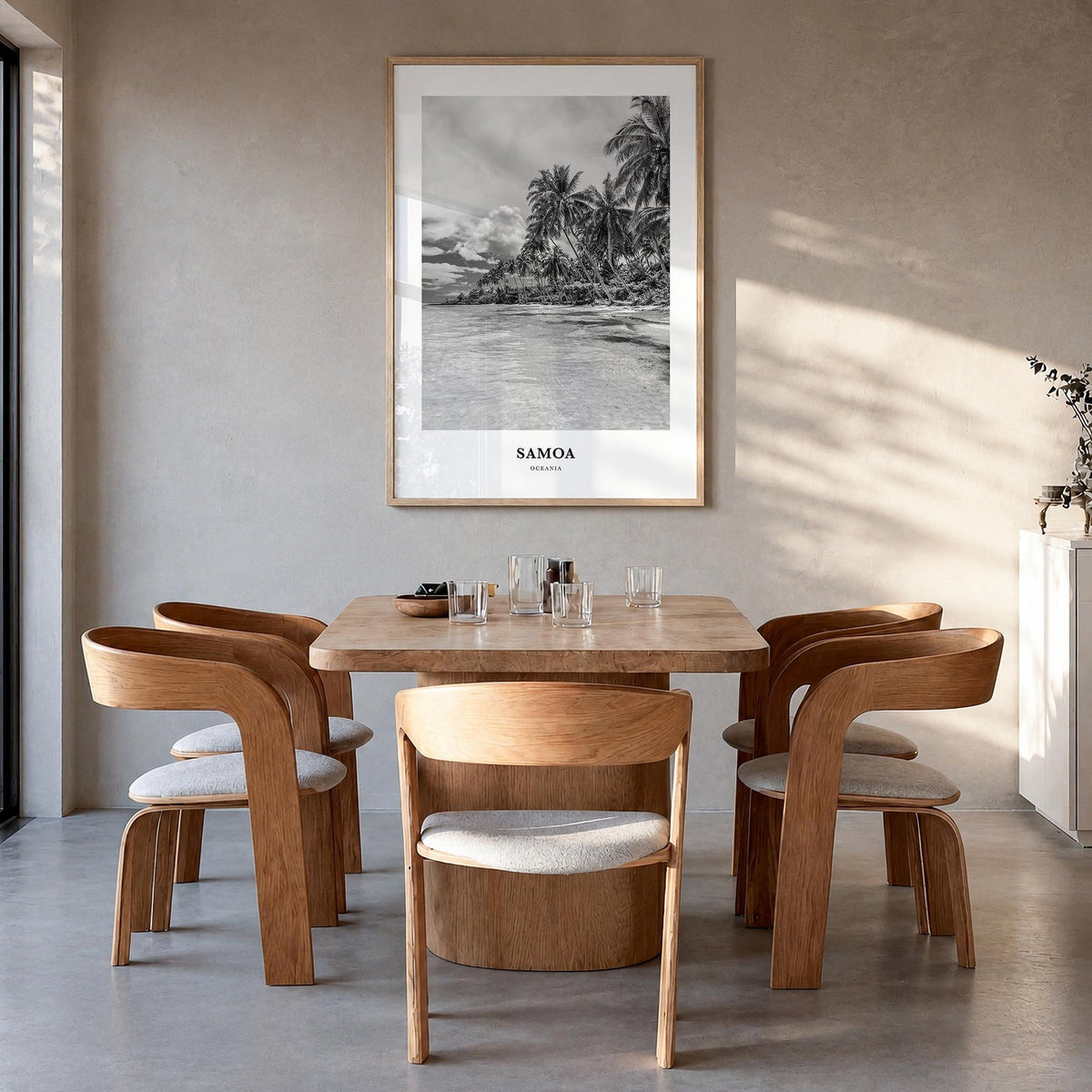Samoa black & white classic poster of Oceania – vertical wall art in natural wood frame, hanging on wall