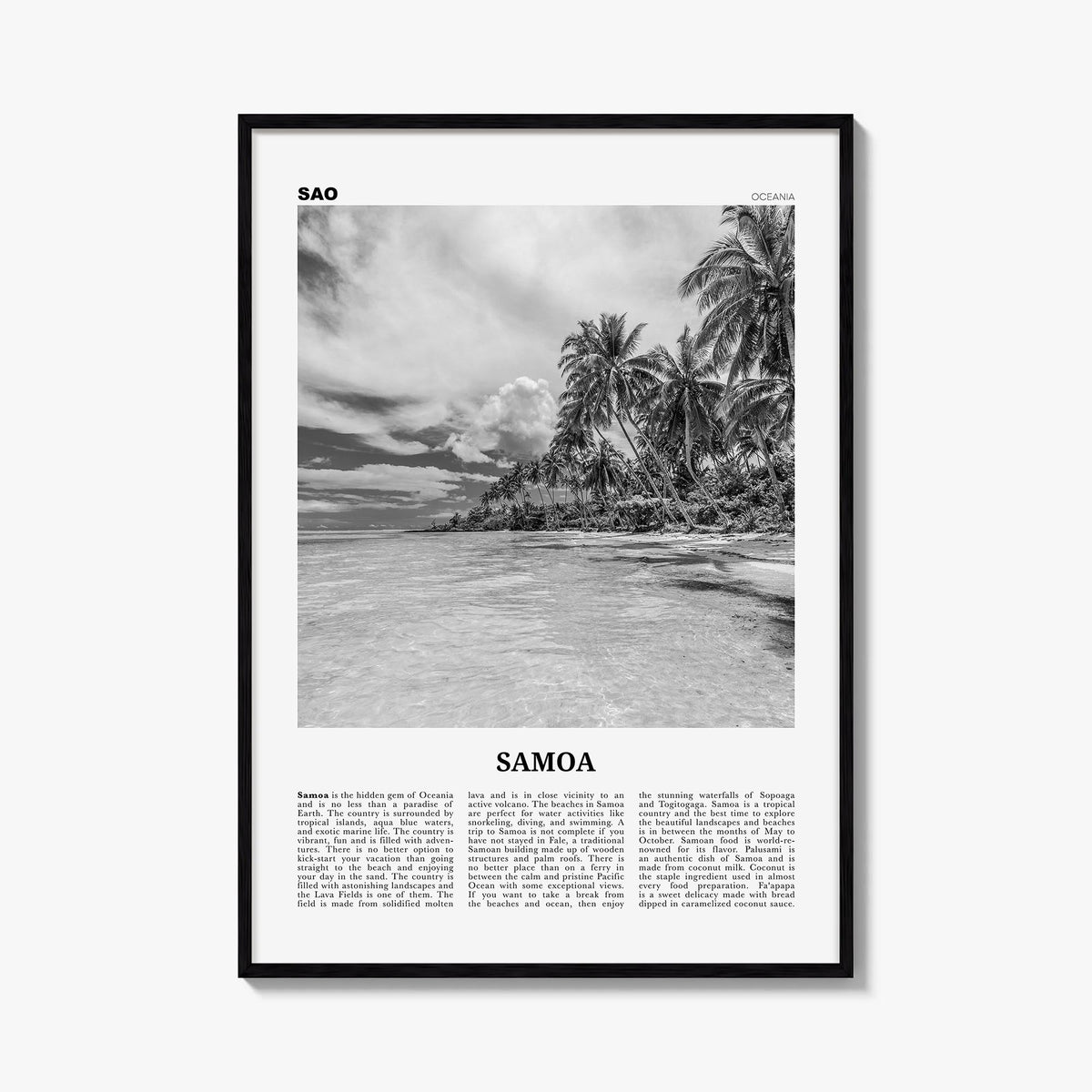 Samoa black & white newspaper poster of Oceania – vertical wall art, unframed print shown in interior mockup