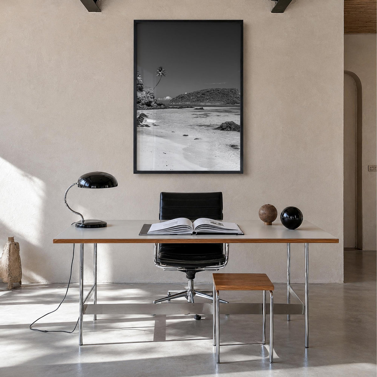 Samoa black & white photo poster of Oceania – vertical wall art in black wood frame, hanging on wall