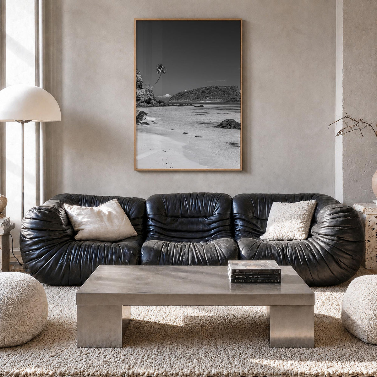 Samoa black & white photo poster of Oceania – vertical wall art in natural wood frame, hanging on wall