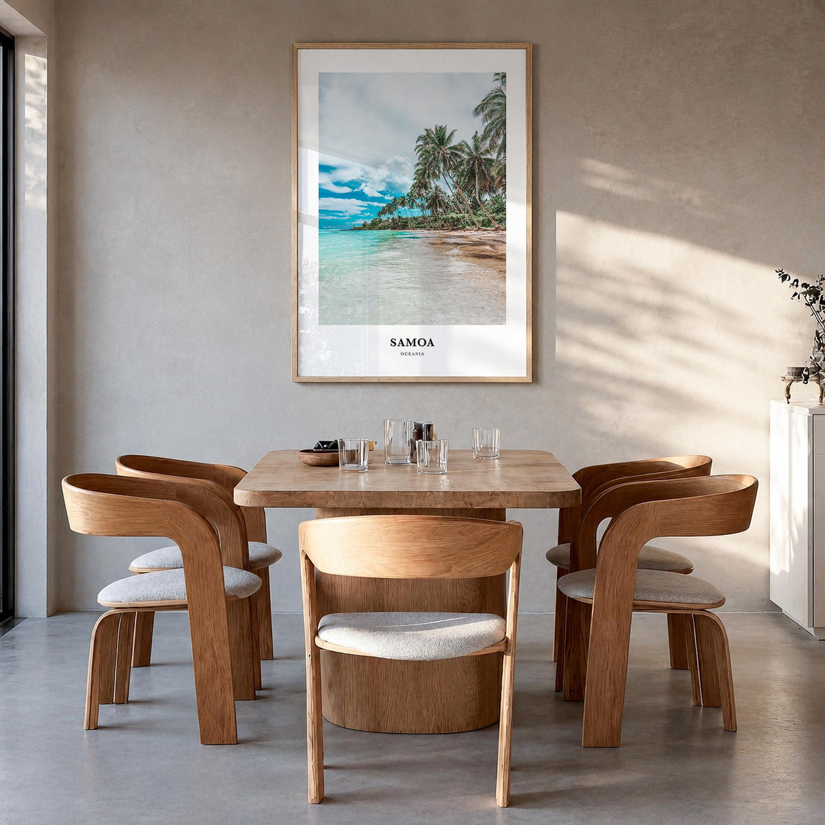 Samoa colorful classic poster of Oceania – vertical wall art in natural wood frame, hanging on wall