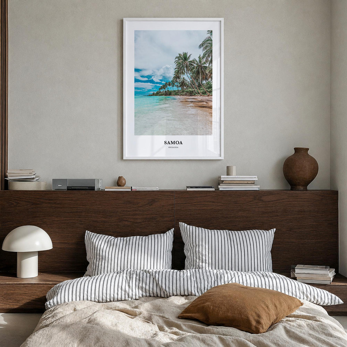 Samoa colorful classic poster of Oceania – vertical wall art in white wood frame, hanging on wall