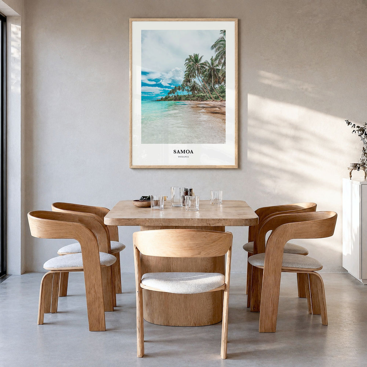 Samoa Classic Poster in a natural wood frame, hanging in a dining room