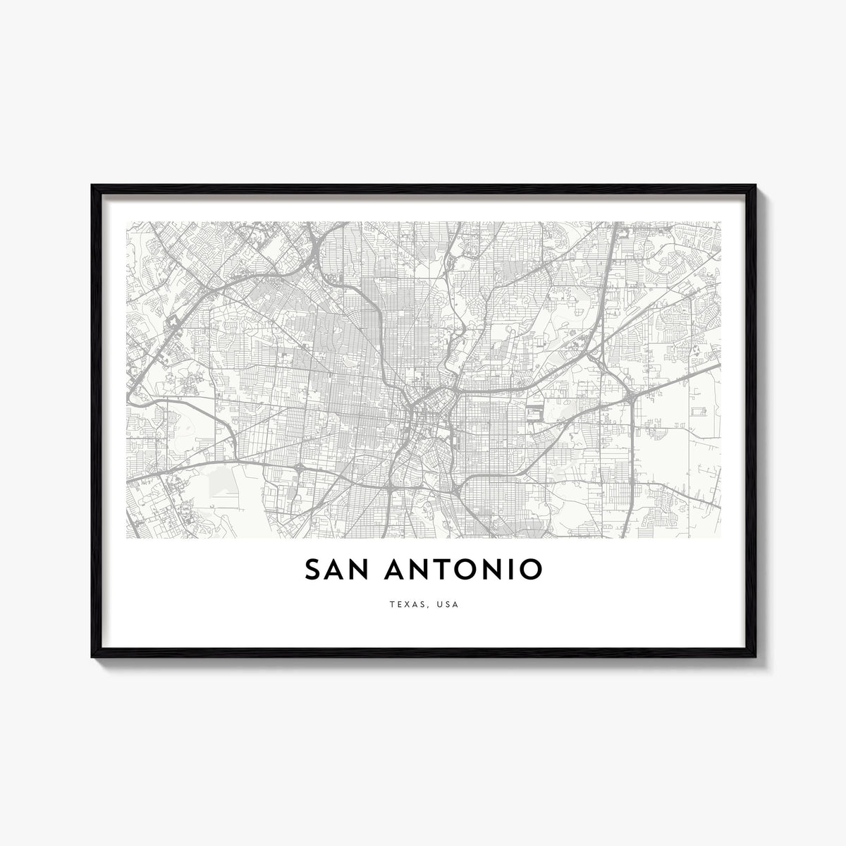San Antonio black & white map poster of Texas, USA – horizontal wall art, unframed print shown in interior mockup