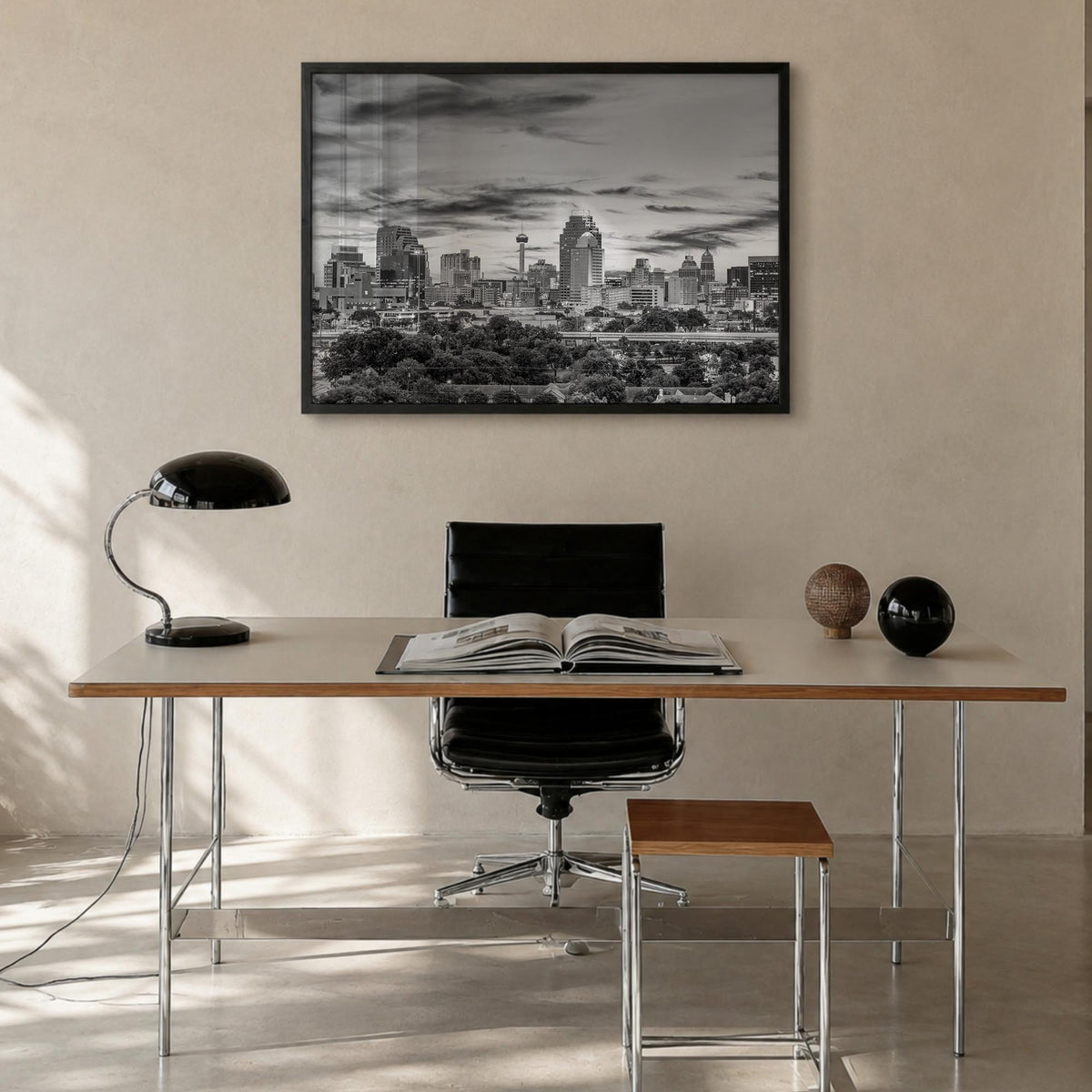 San Antonio black & white photo poster of Texas, USA – horizontal wall art in black wood frame, hanging on wall