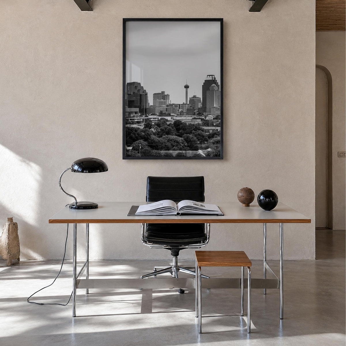 San Antonio black & white photo poster of Texas, USA – vertical wall art in black wood frame, hanging on wall