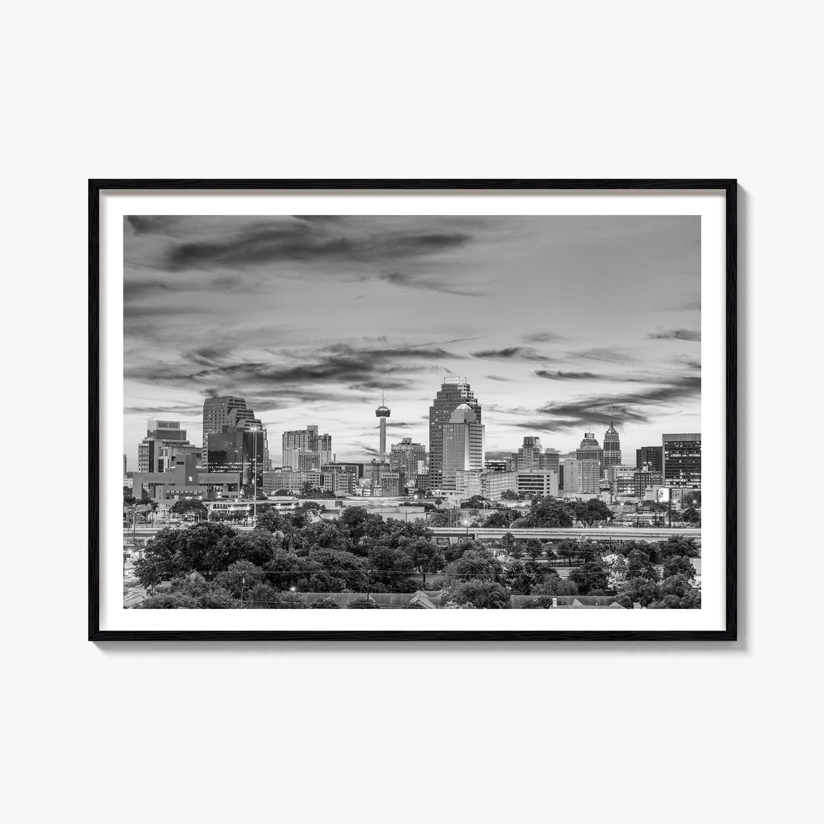 San Antonio black & white photo poster of Texas, USA – horizontal wall art, unframed print shown in interior mockup