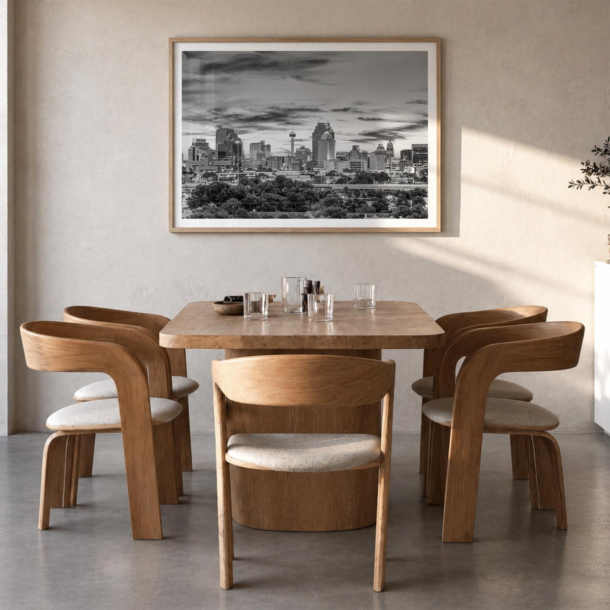 San Antonio black & white photo poster of Texas, USA – horizontal wall art in natural wood frame with white border, hanging o