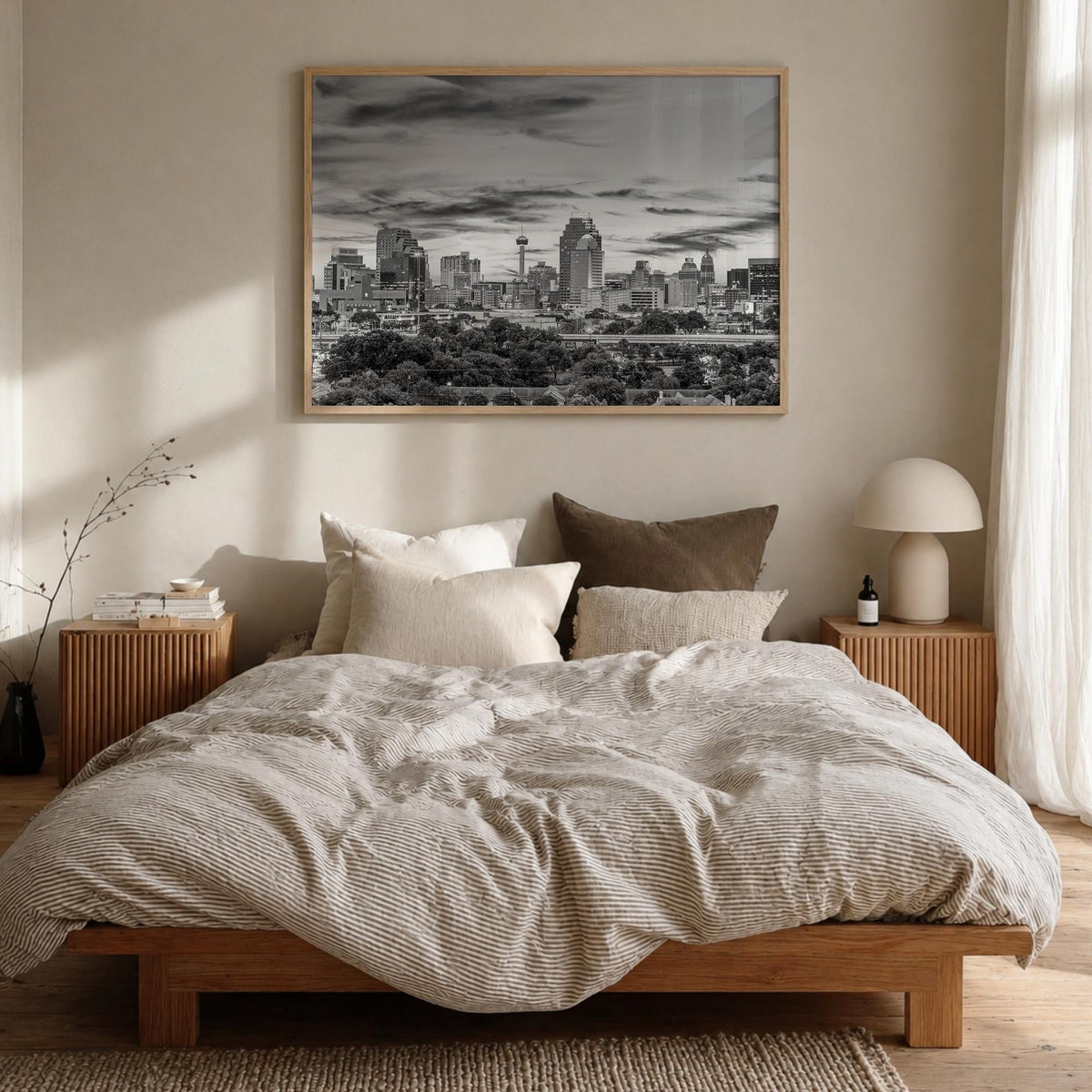 San Antonio black & white photo poster of Texas, USA – horizontal wall art in natural wood frame, hanging on wall